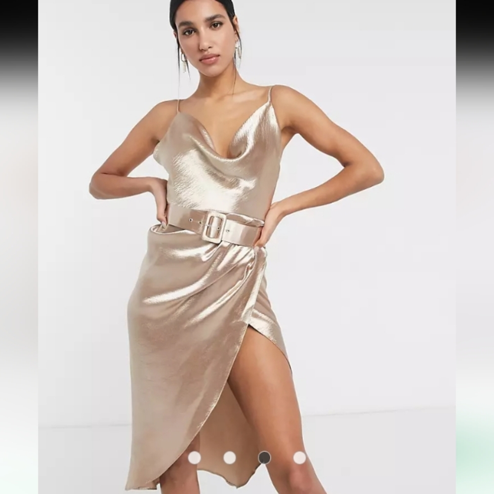 ASOS DESIGN cami satin midi dress with cowl neck and belt
